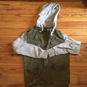 Military Green Denim Jacket with Grey Hood/Sleeves